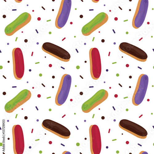 Seamless pattern of colorful eclairs in a flat style on a white background. For wrapping paper, wallpaper, screensavers