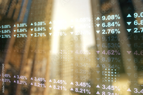 Double exposure of abstract virtual statistics data hologram on modern skyscrapers background, statistics and analytics concept