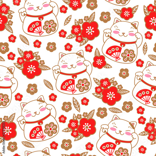 Cute seamless pattern with lucky symbols maneki neko cats and sakura flowers. photo