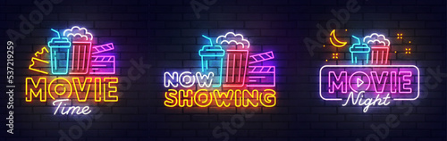 Movie neon sign set, bright signboard, light banner. Cinema logo neon, emblem. Vector illustration