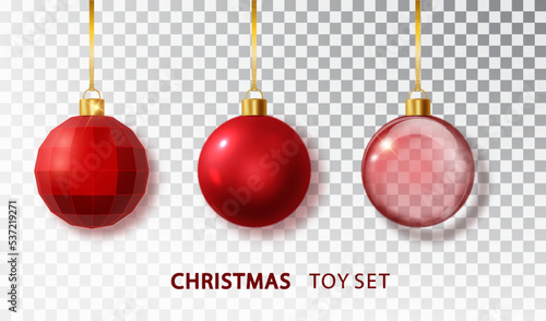 Red Christmas tree balls set with isolated on transparent background. Realistic hanging red christmas balls. Xmas holiday celebration decor.