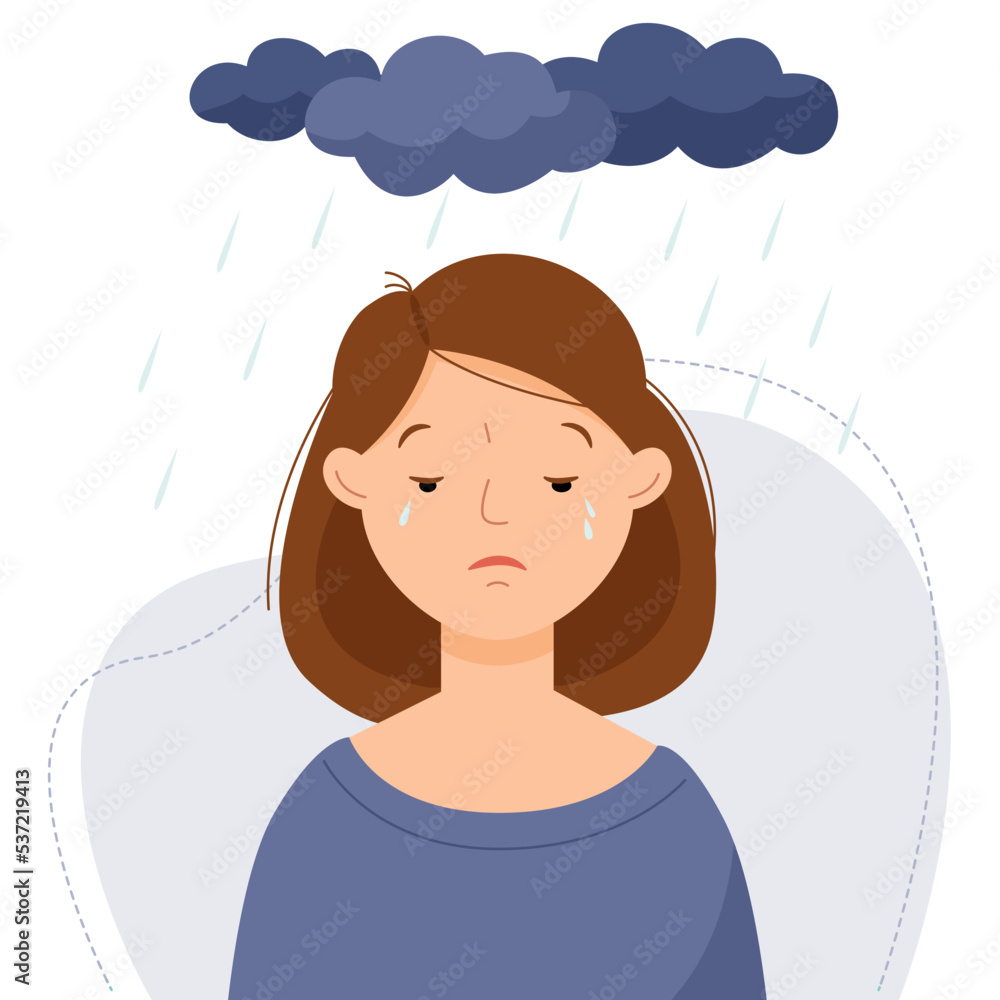 Woman suffering from sadness, upset and depression. Girl cry, tears.Vector flat illustration Woman suffering from sadness, upset and depression. Girl cry, tears.Vector flat illustration