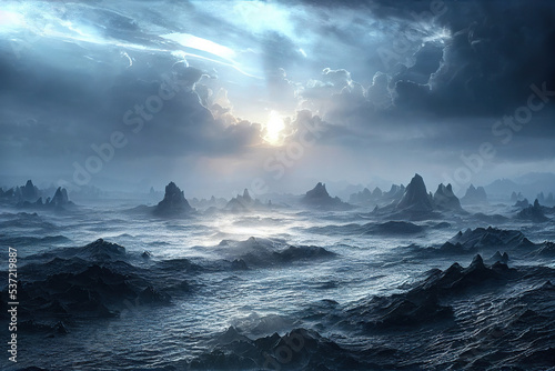 Fantasy landscape with sea and mountains, dramatic light, gorgeous nature digital painting.