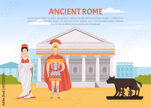 Ancient Rome Poster Design with Man and Woman in Traditional Wear Vector Template