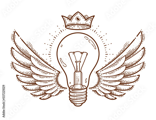 Winged light bulb creative idea concept, vector logo or icon or emblem trendy linear style.