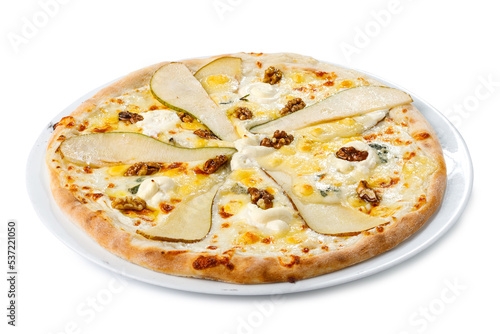 Original and non-traditional fruit homemade sweet pear pizza with cheese, honey and walnuts. Isolated on white, way in path