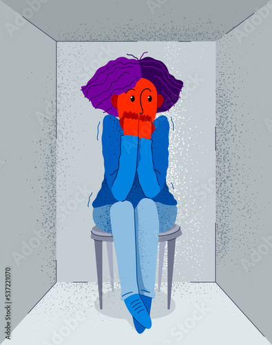 Claustrophobia fear of closed space and no escape vector illustration, girl is closed in small room space and scared in panic attack.