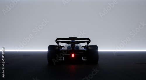 Back view silhouette of a modern generic sports racing car standing in a garage. Realistic 3d rendering