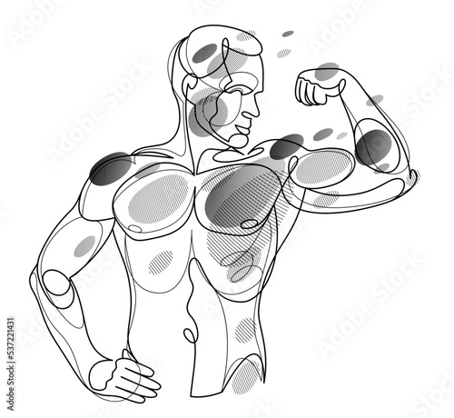 Linear drawing of a perfect body fit model man posing vector illustration isolated, muscular macho sexy guy with naked torso topless.