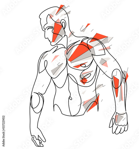 Linear drawing of a perfect body fit model man posing vector illustration isolated, muscular macho sexy guy with naked torso topless.