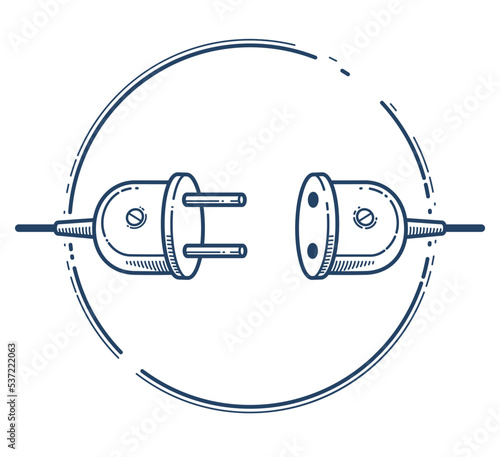 Retro electric plug in unplugged vector linear icon, power electricity or technology concept, connection.