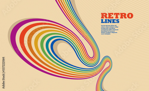 Linear vector abstract background in all colors of rainbow, retro style lines in 3D dimensional perspective, vintage poster art.