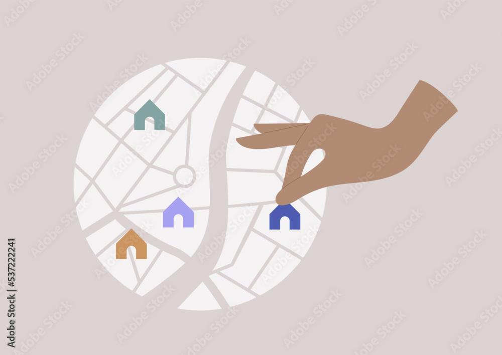 Ταπετσαρία City planner, a hand putting houses on the map, real estate business, constructi