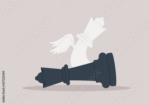 Game over, a fallen black Queen piece on a chessboard, a soul leaves the body