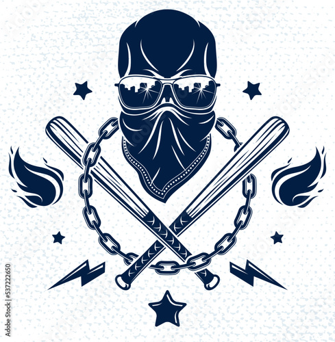 Gang brutal criminal emblem or logo with aggressive skull baseball bats and other weapons and design elements, vector anarchy crime terror retro style, ghetto revolutionary.