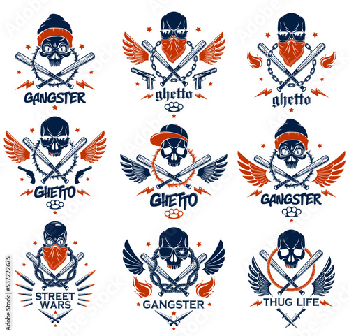 Gangster emblem logo or tattoo with aggressive skull baseball bats and other weapons and design elements, vector set, criminal ghetto vintage style, gangster anarchy or mafia theme.