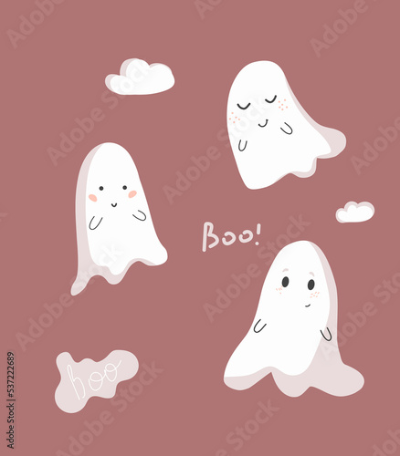 Set of cute funny happy ghosts. Baby creepy boo characters for kids. Magic scary spirits. simple flat cartoon ghosts