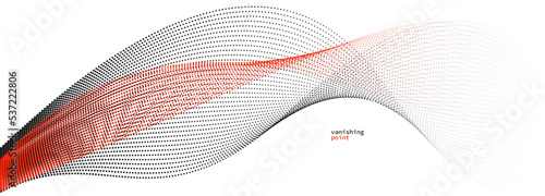 Abstract background vector illustration, red and black dots in motion by curve lines, particles flow wave isolated, monochrome black and white illustration.