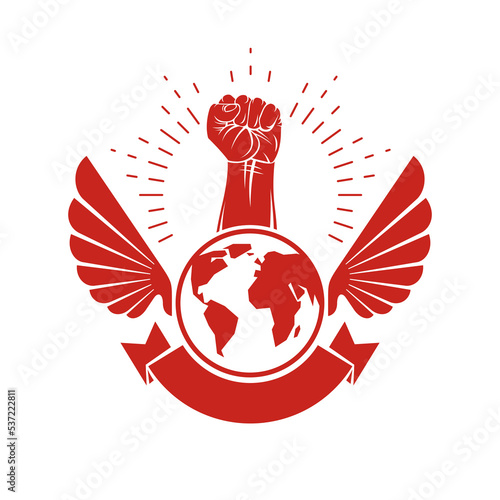 Vector illustration composed with bird wings  raised clenched fist and Earth globe. Revolution leader  nonconformist concept.