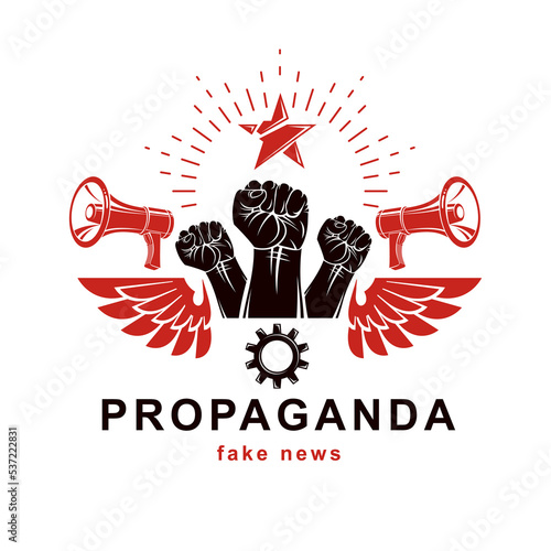 Vector leaflet created using clenched fists raised up, megaphone equipment and engineering cog wheel element. Dictatorship and manipulation theme, totalitarianism as the evil power.