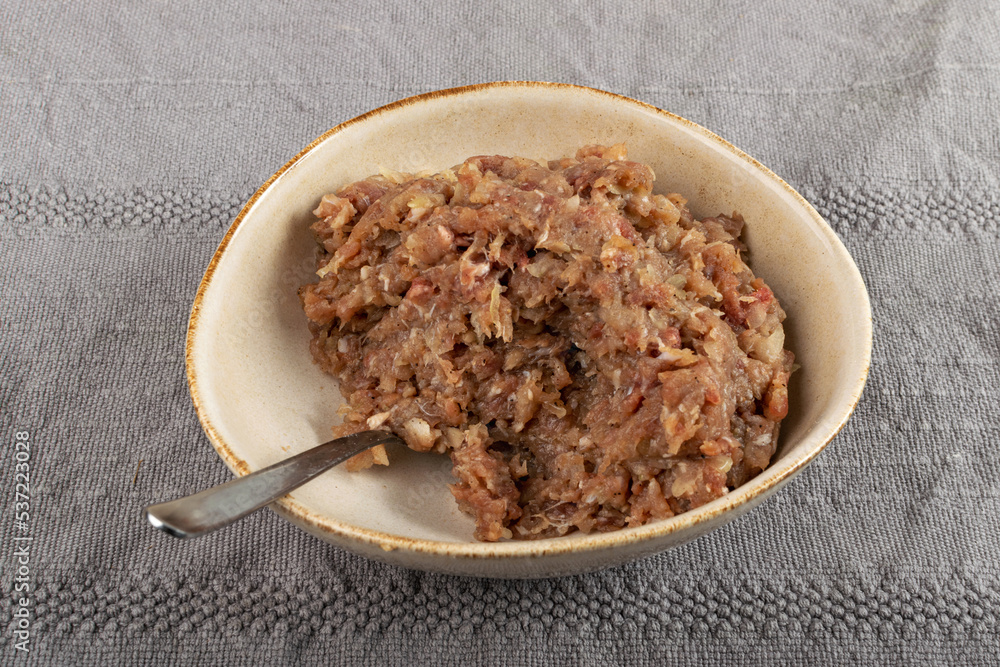 Minced Meat Mix in Round Bowl, Ground Pork, Turkey, Beef and Chicken Meat with Onion and Black Pepper Minced Meat Mix in Round Bowl, Ground Pork, Turkey, Beef and Chicken Meat with Onion and Black Pepper