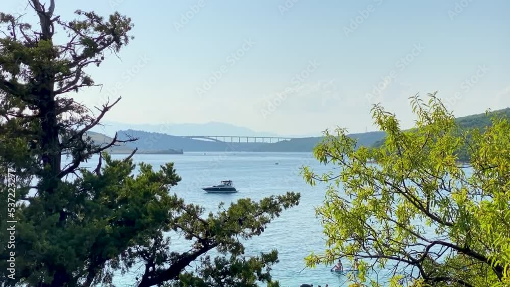 View through the treetops of the sea, the yacht and the Krk bridge, Croatia View through the treetops of the sea, the yacht and the Krk bridge, Croatia