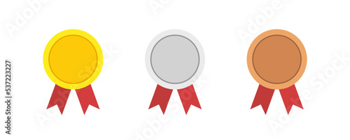 Award medals vector set golden, silver and bronze isolated on white background. 
Winner medal with blue ribbon icon. Championship award. Achievement victory concept.