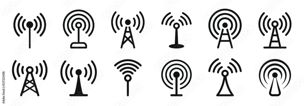 Antenna tower icon collection. Wireless radio signal symbol set. Vector illustration. - obrazy, fototapety, plakaty 