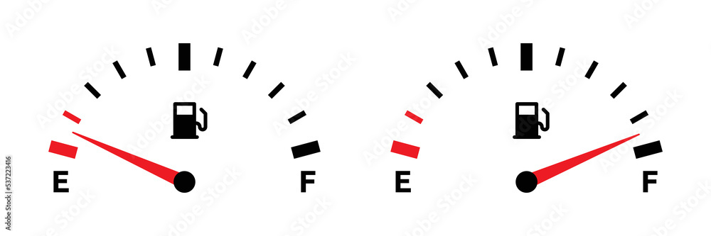 Gasoline fuel gauge symbol. Fuel indicator icon set. Full and empty fuel tank gauge scale icon isolated on white background. - obrazy, fototapety, plakaty 