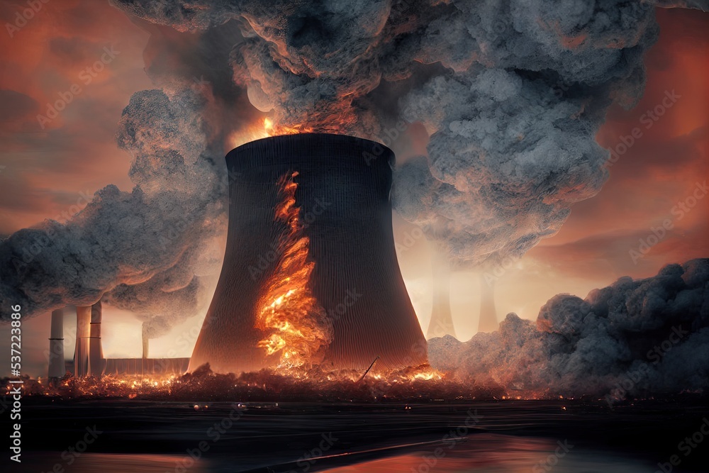 Nuclear ruins of Chernobyl in Ukraine due to the nuclear incident in 1986 by Pripyat city of Soviet Union. Radioactive nuclear reactors on fire of Chernobyl old Ukrainian nuclear power plant 3D render