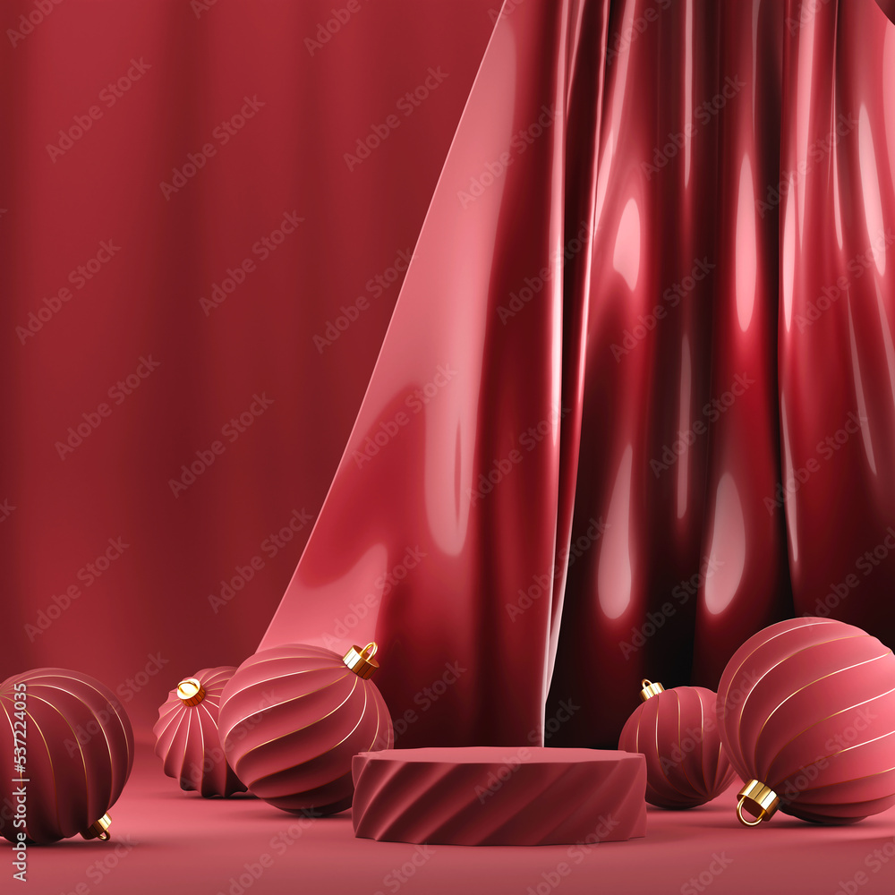 3D abstract Christmas red background with red Christmas ornaments