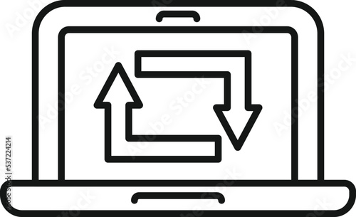 Laptop repost icon outline vector. Repost page. Data check