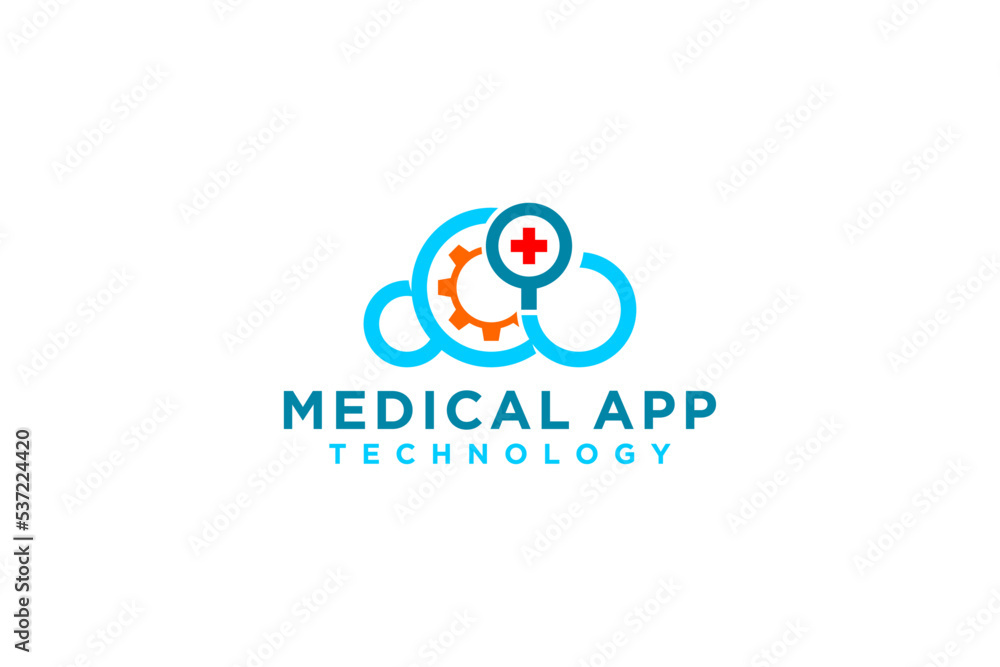 Medical app logo design cloud icon symbol cog gear red cross illustration technology Medical app logo design cloud icon symbol cog gear red cross illustration technology