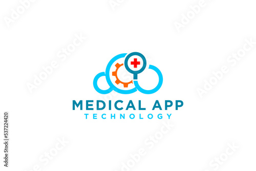 Medical app logo design cloud icon symbol cog gear red cross illustration technology