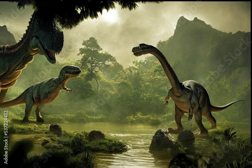3D rendering of dinosaurs in the Jurassic natural park of ancient times. Forests, lakes, and volcanoes are found in the natural environment of ancient dinosaurs. © bennymarty