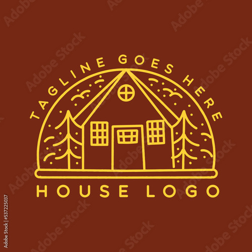 House illustration Monoline Vector Logo, village vintage badge, creative emblem Design For Business