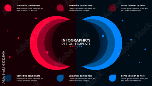 Infographic template. Dark circle with two sides and 6 steps