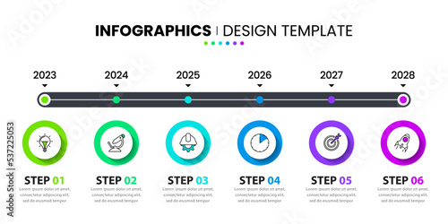 Infographic template. Horizontal timeline with 6 steps