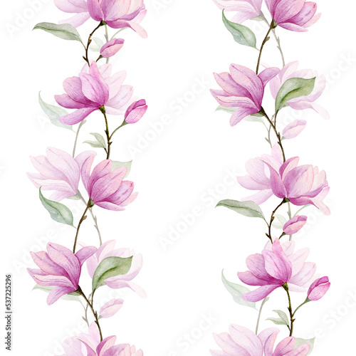 Pink Magnolia flowers. Watercolor seamless Pattern with blooming branches and green leaves on transparent background. Hand drawn illustration for textile design or wrapping paper
