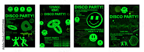 Rave trippy posters with trendy acid colors and shapes. 90s 80s style, retrowave, vaporwave. Psychedelic acid posters set with shapes, smile, abstract 3D elements. Rave posters disco party set. Vector