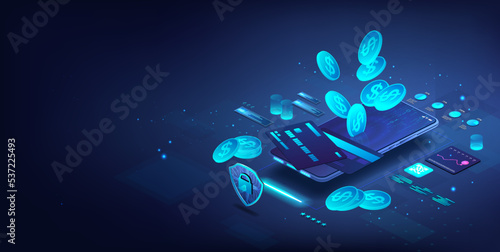 Coin drop into a mobile phone. Concept - deposit, online banking, smart wallet, save money, cashback. 3d isometric illustration with credit or debit cards, charts, coins and a shield with a lock	
