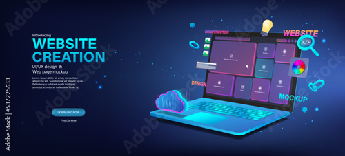 Banner Website development with laptop and template webpage. Building interface on the screen of a laptop. Coding and software for development Website. Development of the interface, code. Vector	