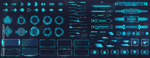 HUD, UI - interface graphic pack. Sky-fi elements. Futuristic user interface graphic box for UI, UX, KIT, GUI. HUD set - Digital lines, arrows, callouts titles, circle, frames, bar labels. Vector set	