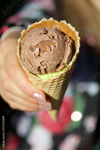 The girl holds an ice cream in her outstretched hand. Close-up.