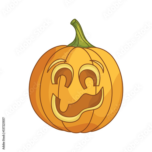 Funny jack-o-lantern pumpkin head. A traditional character for Halloween. Simple design element for greeting cards, posters, stickers, banners and holiday decor. Cute cartoon flat illustration.
