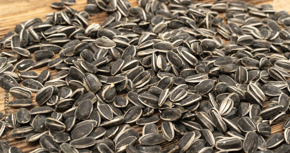 Sunflower Seeds, Striped Raw Seeds on Wood Background Texture Closeup Sunflower Seeds, Striped Raw Seeds on Wood Background Texture Closeup