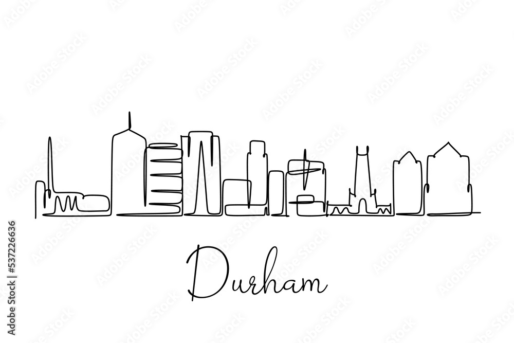 Single line drawing of Durham North Carlina USA. Illustration hand drawn style design for business and tourism concept. Modern simple line art city image.