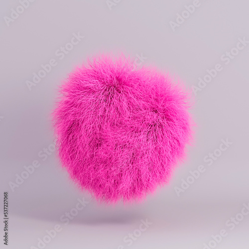 3d rendering illustration of funny pink hairy sphere. Furry ball in isolated white studio. Realistic hair element. Creative design collection. Cartoon cute style toy