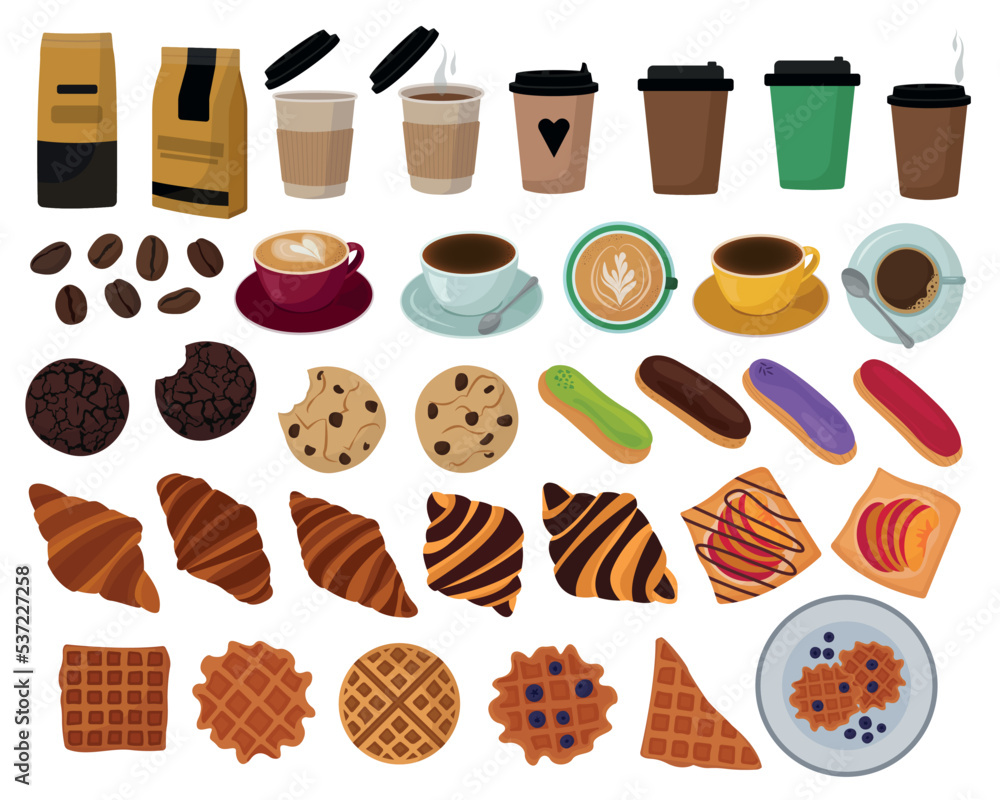 set with coffee and pastries in a flat style isolated on a white background. Great for coffee shops, patisseries, menus, breakfasts. Eclairs, croissants, waffles, cookies, cappuccino, Americano set with coffee and pastries in a flat style isolated on a white background. Great for coffee shops, patisseries, menus, breakfasts. Eclairs, croissants, waffles, cookies, cappuccino, Americano