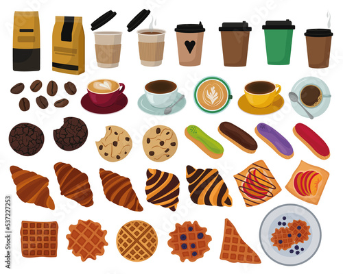 set with coffee and pastries in a flat style isolated on a white background. Great for coffee shops, patisseries, menus, breakfasts. Eclairs, croissants, waffles, cookies, cappuccino, Americano